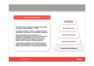 Necesidades Fisiológicas

                                                                  Necesidades de
                                                                 Auto-actualización



•Se refieren a las necesidades verdaderamente básicas
de respirar, beber, alimentarse … cobijo.                      Necesidades de estima

•La primera prioridad, en cuanto a la satisfacción de las
necesidades, está dada por las necesidades fisiológicas.

•Estas necesidades estaría asociadas con la                  Necesidades de pertenencia
supervivencia del organismo dentro de la cual estaría el
concepto de homeostasis, el cual se refiere " a los
esfuerzos automáticos del cuerpo por mantener un
estado normal y constante, del riego sanguíneo"
                                                              Necesidades de seguridad
•Cuando estas necesidades no so satisfechas por un
tiempo largo, la satisfacción de las otras necesidades
pierde su importancia, por lo que éstas dejan de existir.

                                                            Necesidades fisiológicas
 
