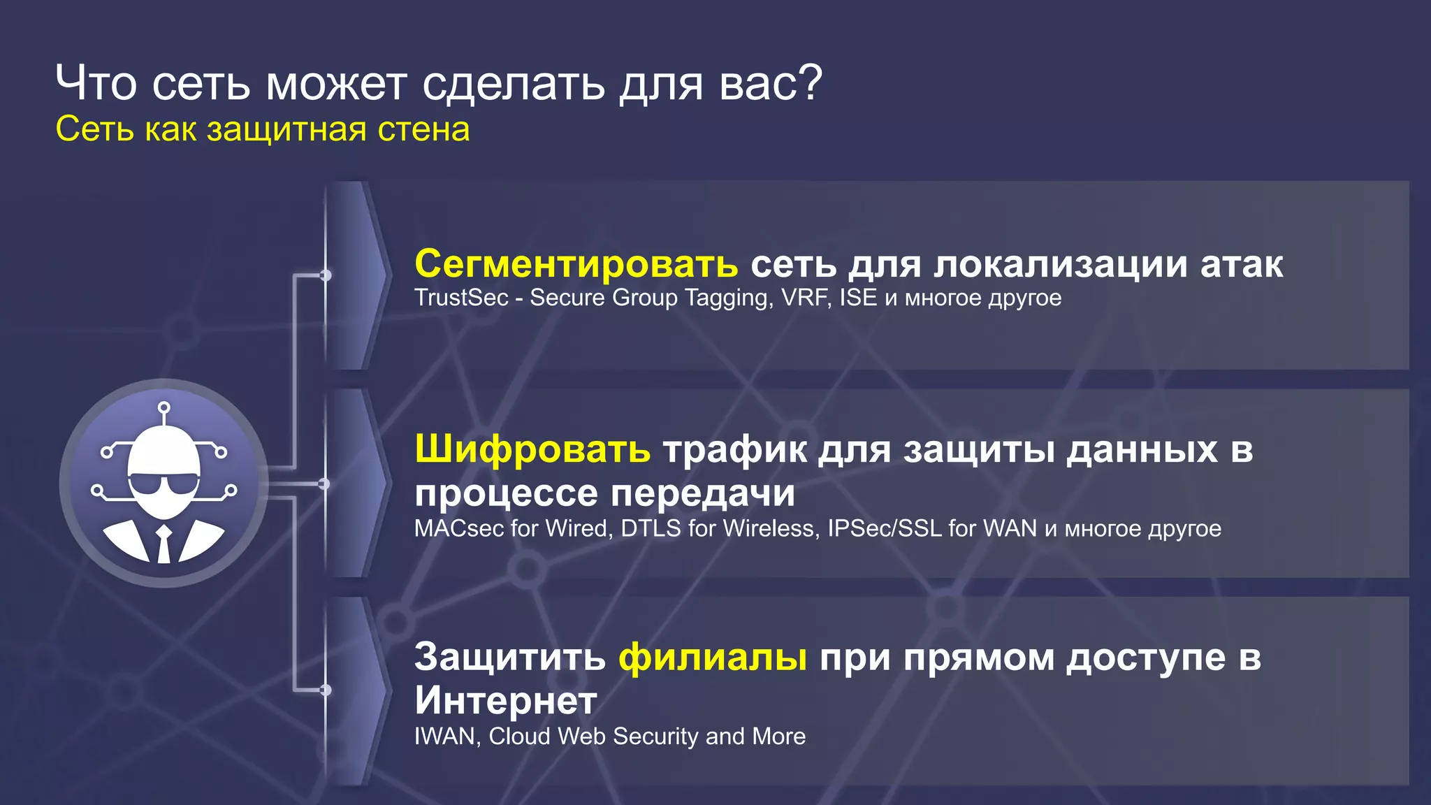 30
Что сеть может сделать для вас?
Сеть как защитная стена
Сегментировать сеть для локализации атак
TrustSec - Secure Group Tagging, VRF, ISE и многое другое
Шифровать трафик для защиты данных в
процессе передачи
MACsec for Wired, DTLS for Wireless, IPSec/SSL for WAN и многое другое
Защитить филиалы при прямом доступе в
Интернет
IWAN, Cloud Web Security and More
 