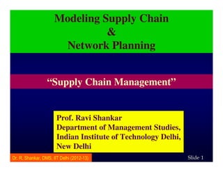 11SlideSlideDr. R. Shankar, DMS, IIT Delhi (2012-13)
Modeling Supply Chain
&
Network Planning
Prof. Ravi Shankar
Department of Management Studies,
Indian Institute of Technology Delhi,
New Delhi
Prof. Ravi Shankar
Department of Management Studies,
Indian Institute of Technology Delhi,
New Delhi
“Supply Chain Management”
 