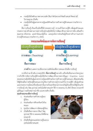 บทที่ 4 สื่อการเรียนรู้   48



         กระตุ้นให้เกิดศักยภาพทางความคิด ได้แก่ คิดวิเคราะห์ คิดสร้างสรรค์ คิดอย่างมี
          วิจารณญาณ เป็นต้น
     กระตุ้นให้เป็นผู้แสวงหาความรู้และมีทักษะในการสร้างความรู้ด้วยตนเอง (กรมวิชาการ
          2544)
     สื่อการเรียนรู้ เป็นเครื่องมือที่ใช้ถ่ายทอดความรู้ ความเข้าใจความรู้สึก เพิ่มพูนทักษะและ
ประสบการณ์ สร้างสถานการณ์การเรียนรู้กระตุ้นให้เกิดการพัฒนาศักยภาพทางการคิด เสริมสร้าง
คุณธรรม จริยธรรม และค่านิยมแก่ผู้เรียน และมุ่งเน้นการส่งเสริมผู้เรียนทางด้านการแสวงหา
ความรู้ด้วยตนเอง (กรมวิชาการ, 2545)




         ภาพที่ 4-1 แสดงการเปลี่ยนกระบวนทัศน์ของสื่อการสอนมาเป็นสือการเรียนรู้
                                                                  ่
         จากที่กล่าวมาข้างต้น อาจสรุปได้ว่า สื่อการเรียนรู้ หมายถึง เครื่องมือที่ออกแบบโดยบูรณา
การกับวิธีการจัดการเรียนรู้ ที่กระตุ้นให้เกิดการพัฒนาศักยภาพทางปัญญา (Cognitive tools)
ตลอดจนกระตุ้นให้เป็นผู้แสวงหาความรู้และมีทักษะในการสร้างความรู้ด้วยตนเอง เพื่อมุ่งส่งเสริม
ให้ผู้เรียนมีโอกาสเรียนรู้ด้วยตนเอง ส่งเสริมการสร้างความรู้ ความเข้าใจ ความรู้สึก เพิ่มพูนทักษะ
และประสบการณ์โดยเครื่องมือเหล่านั้นอาจเป็นทุกสิ่งทุกอย่างรอบตัวผู้เรียนที่ช่วยให้ผู้เรียนเกิด
การเรียนรู้ เช่น วัสดุ อุปกรณ์ เทคโนโลยีสารสนเทศ วิธีการ ตลอดจน คน สัตว์ สิ่งของ ธรรมชาติ
ภูมิปัญญา รวมถึงเหตุการณ์ หรือ แนวความคิด เป็นต้น
คุณลักษณะของสื่อการเรียนรู้
       1. ช่วยส่งเสริมการสร้างความรู้ของ
           ผู้เรียน
       2. ช่วยส่งเสริมการศึกษาค้นคว้าด้วย
           ตนเอง
       3. มุ่งเน้นการพัฒนาการคิดของผู้เรียน
       4. เป็นสื่อที่หลากหลาย ได้แก่ วัสดุ
           อุปกรณ์ วิธีการ ตลอดจน สิ่งที่มีตาม
           ธรรมชาติ
       5. เป็นสื่อที่อยู่ตามแหล่งความรู้ในระบบ
           เทคโนโลยีสารสนเทศ
 
