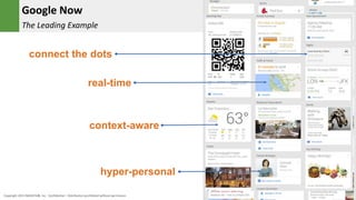 4Copyright 2015 NGDATA
®, Inc. Confidential – Distribution prohibited without permission
Google Now
The Leading Example
real-time
context-aware
hyper-personal
connect the dots
 