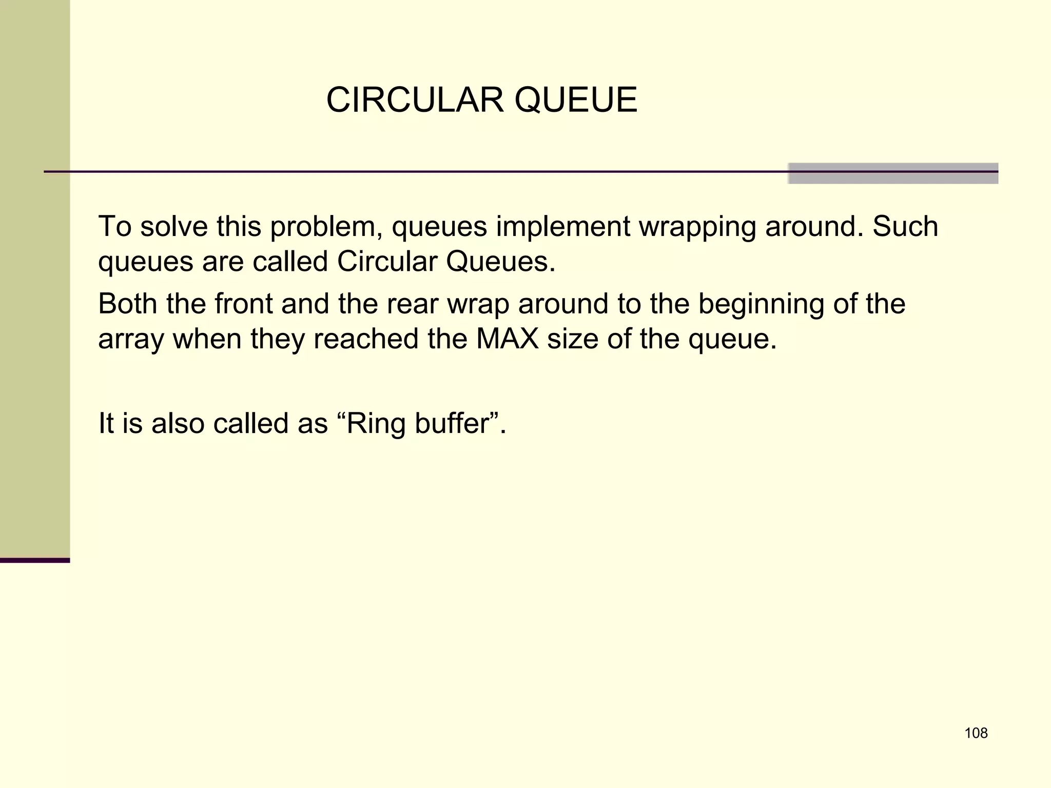 108
CIRCULAR QUEUE
To solve this problem, queues implement wrapping around. Such
queues are called Circular Queues.
Both the front and the rear wrap around to the beginning of the
array when they reached the MAX size of the queue.
It is also called as “Ring buffer”.
 