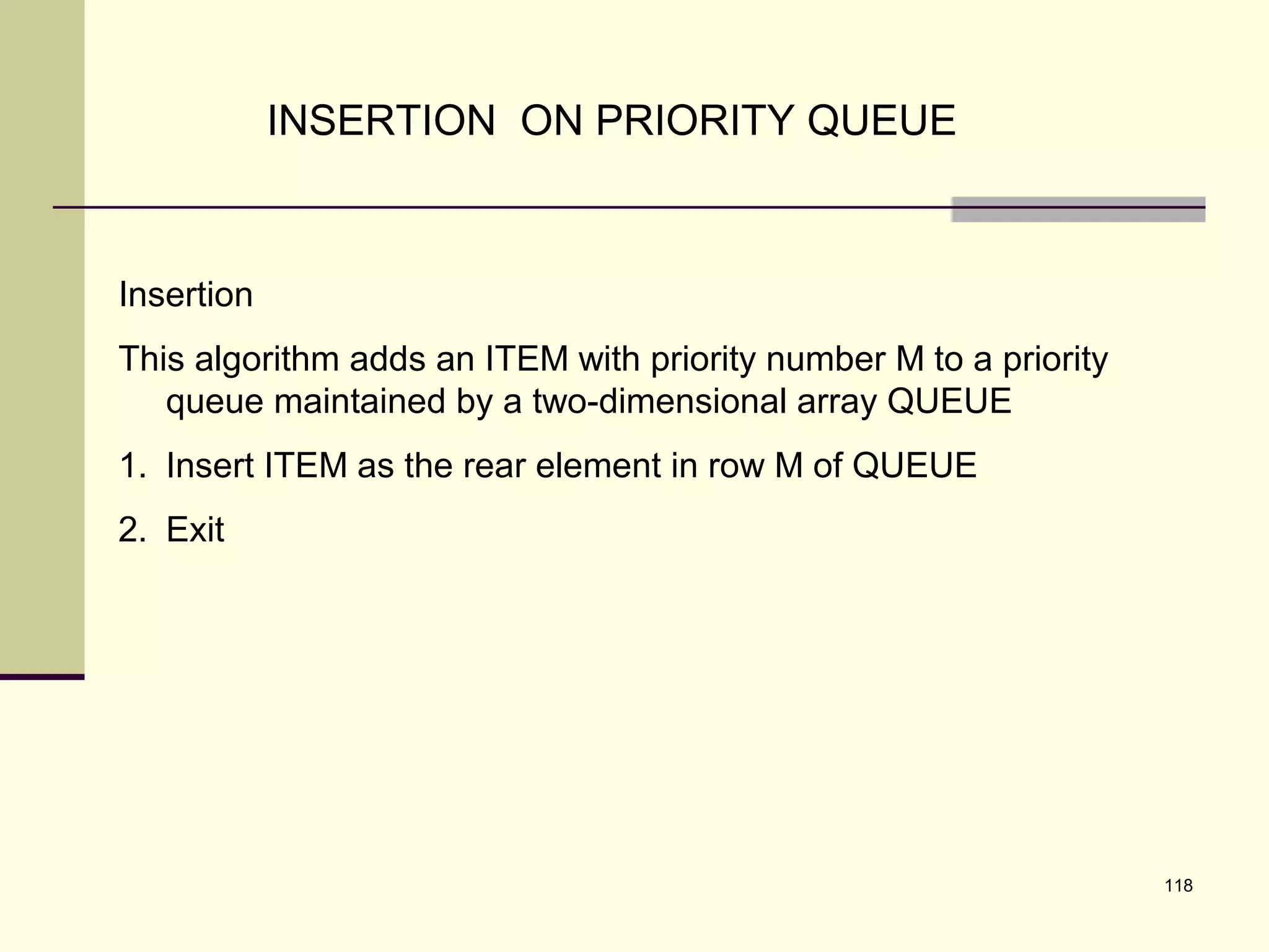 118
INSERTION ON PRIORITY QUEUE
Insertion
This algorithm adds an ITEM with priority number M to a priority
queue maintained by a two-dimensional array QUEUE
1. Insert ITEM as the rear element in row M of QUEUE
2. Exit
 