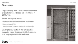 DBG / June 6, 2018 / © 2018 IBM Corporation
Overview
Deep Learning
Original theory from 1940s; computer models
originated ...