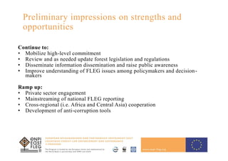 Preliminary impressions on strengths and
opportunities
Continue to:
• Mobilize high-level commitment
• Review and as needed update forest legislation and regulations
• Disseminate information dissemination and raise public awareness
• Improve understanding of FLEG issues among policymakers and decision-
makers
Ramp up:
• Private sector engagement
• Mainstreaming of national FLEG reporting
• Cross-regional (i.e. Africa and Central Asia) cooperation
• Development of anti-corruption tools
 