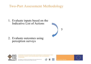 Two-Part Assessment Methodology
1. Evaluate inputs based on the
Indicative List of Actions
2. Evaluate outcomes using
perception surveys
?
 