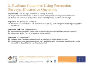 2. Evaluate Outcomes Using Perception
Surveys: Illustrative Questions
Aspiration #7. Does the legal framework in country X include:
 Ways for local communities to share or obtain management authority over some forests?
 Formal mechanisms to participate in forest-related planning and decision-making?
Aspiration #8. How far has country X:
 Developed and implemented anti-corruption tools dealing with corruption in and impacting on the
forest sector?
Aspiration # 14. How far has country X:
 Encouraged cross-border cooperation to control illegal logging and its trade and transport?
 Cooperated with CITES to help control illegal logging?
Aspiration #21. In country X:
 Does the legal framework support public access to information about forestry?
 Are inventory data, management plans, laws, and budgets for government-owned forests easily
accessible to the public in a user-friendly format?
 