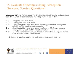 2. Evaluate Outcomes Using Perception
Surveys: Scoring Questions
Aspiration #8. How far has country X developed and implemented anti-corruption
tools dealing with corruption in and impacting on the forest sector?
 1 No efforts have been made
 2 Some efforts have been made
 3 Significant efforts have been made but mostly focused on development
of tools and not on their implementation
 4 Significant efforts have been made which are well balanced between
development of tools and their implementation
 5 The anti-corruption system for the sector is well-functioning and there is
little scope for further improvement.
1=least progress in achieving the aspiration; 5=maximum progress.
 