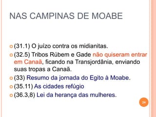 MILAGRES NO LIVRO DE NÚMEROS
24
MILAGRE PROPÓSITO LOCAL REFERÊNCIA
1. A LEPRA DE
MIRIAM
RESPONDER A
ORAÇÃO DE
MOISES
HAZEROTE NM 12.10-15
2. CORÁ E
SEUS
PARTIDARIOS
SÃO
DESTRUIDOS
CASTIGA-LOS
PELA REBELDIA
NM 16.31-35
 