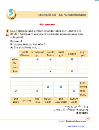 Le kt
ion
165
Тема 5. Дозвілля і відпочинок
5 Stunden 60—61. Wiederholung
Wir sprechen
5 Spielt Dialoge und erzählt einander über die Hobbys der
Kinder. Розіграйте діалоги й розкажіть один одному про
хобі дітей.
Partner A
B: Welche Hobbys hat Alina?
A: Sie schwimmt gut, …
spielt
Gitarre
schwimmt
gut
spielt
Tennis
malt
gut
bastelt
singt
gut
Alina   
Tom
Laura
Emil  
PartnerB
A:WelcheHobbyshatTom?
B:ErspieltGitarre,…
spielt
Gitarre
schwimmt
gut
spielt
Tennis
malt
gut
bastelt
singt
gut
Alina
Tom
Laura
Emil
5
www.e-ranok.com.ua
 