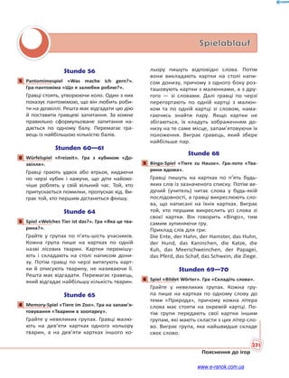 231
Пояснення до ігор
Spielablauf
Stunde 56
5 Pantomimespiel «Was mache ich gern?».
Гра-пантоміма «Що я залюбки роблю?».
Гравці стоять, утворюючи коло. Один з них
показує пантомімою, що він любить роби-
ти на дозвіллі. Решта має відгадати цю дію
й поставити гравцеві запитання. За кожне
правильно сформульоване запитання на-
дається по одному балу. Перемагає гра-
вець із найбільшою кількістю балів.
Stunden 60—61
6 Würfelspiel «Freizeit». Гра з кубиком «До-
звілля».
Гравці грають удвох або втрьох, кидаючи
по черзі кубик і кажучи, що діти найохо-
чіше роблять у свій вільний час. Той, хто
припускається помилки, пропускає хід. Ви-
грає той, хто першим дістанеться фінішу.
Stunde 64
5 Spiel «Welches Tier ist das?». Гра «Яка це тва-
рина?».
Грайте у групах по п’ять-шість учасників.
Кожна група пише на картках по одній
назві лісових тварин. Картки перемішу-
ють і складають на столі написом дони-
зу. Потім гравці по черзі витягують карт-
ки й описують тварину, не називаючи її.
Решта має відгадати. Перемагає гравець,
який відгадає найбільшу кількість тварин.
Stunde 65
4 Memory-Spiel «Tiere im Zoo». Гра на запам’я-
товування «Тварини в зоопарку».
Грайте у невеликих групах. Гравці малю-
ють на дев’яти картках одного кольору
тварин, а на дев’яти картках іншого ко-
льору пишуть відповідні слова. Потім
вони викладають картки на столі напи-
сом донизу, причому з одного боку роз-
ташовують картки з малюнками, а з дру-
гого — зі словами. Далі гравці по черзі
перегортають по одній картці з малюн-
ком та по одній картці зі словом, нама-
гаючись знайти пару. Якщо картки не
збігаються, їх кладуть зображенням до-
низу на те саме місце, запам’ятовуючи їх
положення. Виграє гравець, який збере
найбільше пар.
Stunde 68
5 Bingo-Spiel «Tiere zu Hause». Гра-лото «Тва-
рини вдома».
Гравці пишуть на картках по п’ять будь-
яких слів із зазначеного списку. Потім ве-
дучий (учитель) читає слова у будь-якій
послідовності, а гравці викреслюють сло-
ва, що написані на їхніх картках. Виграє
той, хто першим викреслить усі слова зі
своєї картки. Він говорить «Bingo», тим
самим зупиняючи гру.
Приклад слів для гри:
Die Ente, der Hahn, der Hamster, das Huhn,
der Hund, das Kaninchen, die Katze, die
Kuh, das Meerschweinchen, der Papagei,
das Pferd, das Schaf, das Schwein, die Ziege.
Stunden 69—70
6 Spiel «Bildet Wörter». Гра «Складіть слова».
Грайте у невеликих групах. Кожна гру-
па пише на картках по одному слову до
теми «Природа», причому кожна літера
слова має стояти на окремій картці. По-
тім групи передають свої картки іншим
групам, які мають скласти з цих літер сло-
во. Виграє група, яка найшвидше складе
своє слово.
5
6
5
4
5
6
www.e-ranok.com.ua
 