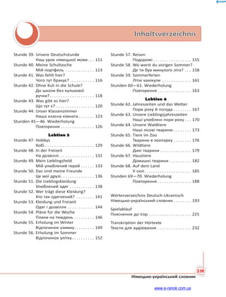 239
Німецько-український словник
Inhaltsverzeichnis
Stunde 39. Unsere Deutschstunde
Наш урок німецької мови. . . 111
Stunde 40. Meine Schultasche
Мій портфель . . . . . . . . . . . . . 113
Stunde 41. Was fehlt hier?
Чого тут бракує? . . . . . . . . . . . 116
Stunde 42. Ohne Kuli in die Schule?
До школи без кулькової
ручки?. . . . . . . . . . . . . . . . . . . . 118
Stunde 43. Was gibt es hier?
Що тут є? . . . . . . . . . . . . . . . . . 120
Stunde 44. Unser Klassenzimmer
Наша класна кімната . . . . . . . 123
Stunden 45—46. Wiederholung
Повторення . . . . . . . . . . . . . . . 126
Lektion 5
Stunde 47. Hobbys
Хобі . . . . . . . . . . . . . . . . . . . . . . 129
Stunde 48. In der Freizeit
На дозвіллі. . . . . . . . . . . . . . . . 131
Stunde 49. Mein Lieblingsheld
Мій улюблений герой . . . . . . 133
Stunde 50. Das sind meine Freunde
Це мої друзі. . . . . . . . . . . . . . . 136
Stunde 51. Die Lieblingskleidung
Улюблений одяг . . . . . . . . . . . 138
Stunde 52. Wer trägt diese Kleidung?
Хто так одягнений? . . . . . . . . 141
Stunde 53. Kleidung und Freizeit
Одяг і дозвілля . . . . . . . . . . . . 144
Stunde 54. Pläne für die Woche
Плани на тиждень . . . . . . . . . 146
Stunde 55. Erholung im Winter
Відпочинок узимку. . . . . . . . . 149
Stunde 56. Erholung im Sommer
Відпочинок улітку. . . . . . . . . . 152
Stunde 57. Reisen
Подорожі . . . . . . . . . . . . . . . . . 155
Stunde 58. Wo warst du vorigen Sommer?
Де ти був минулого літа? . . . 158
Stunde 59. Sommerferien
Літні канікули . . . . . . . . . . . . . 161
Stunden 60—61. Wiederholung
Повторення . . . . . . . . . . . . . . . 163
Lektion 6
Stunde 62. Jahreszeiten und das Wetter
Пори року й погода . . . . . . . . 167
Stunde 63. Unsere Lieblingsjahreszeiten
Наші улюблені пори року . . . 170
Stunde 64. Unsere Waldtiere
Наші лісові тварини . . . . . . . . 173
Stunde 65. Tiere im Zoo
Тварини в зоопарку . . . . . . . . 176
Stunde 66. Wildtiere
Дикі тварини . . . . . . . . . . . . . . 179
Stunde 67. Haustiere
Домашні тварини . . . . . . . . . . 182
Stunde 68. Auf dem Land
У селі. . . . . . . . . . . . . . . . . . . . . 185
Stunden 69—70. Wiederholung
Повторення . . . . . . . . . . . . . . . 188
Wörterverzeichnis Deutsch-Ukrainisch
Німецько-український словник . . . . . . . . 193
Spielablauf
Пояснення до ігор . . . . . . . . . . . . . . . . . . . 225
Transkription der Hörtexte
Тексти для аудіювання . . . . . . . . . . . . . . . 232
www.e-ranok.com.ua
 