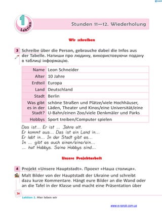 Le ktion
36
Lektion 1. Hier leben wir
1 Stunden 11—12. Wiederholung
Wir schreiben
3 Schreibe über die Person, gebrauche dabei die Infos aus
der Tabelle. Напиши про людину, використовуючи подану
в таблиці інформацію.
Name Leon Schneider
Alter 10 Jahre
Erdteil Europa
Land Deutschland
Stadt Berlin
Was gibt
es in der
Stadt?
schöne Straßen und Plätze/viele Hochhäuser,
Läden, Theater und Kinos/eine Universität/eine
U-Bahn/einen Zoo/viele Denkmäler und Parks
Hobbys Sport treiben/Computer spielen
Das ist... Er ist … Jahre alt.
Er kommt aus... Das ist ein Land in...
Er lebt in... In der Stadt gibt es...
In … gibt es auch einen/eine/ein...
… hat Hobbys. Seine Hobbys sind...
Unsere Projektarbeit
4 Projekt «Unsere Hauptstadt». Проект «Наша столиця».
Malt Bilder von der Hauptstadt der Ukraine und schreibt
dazu kurze Kommentare. Hängt eure Bilder an die Wand oder
an die Tafel in der Klasse und macht eine Präsentation über
3
4
www.e-ranok.com.ua
 
