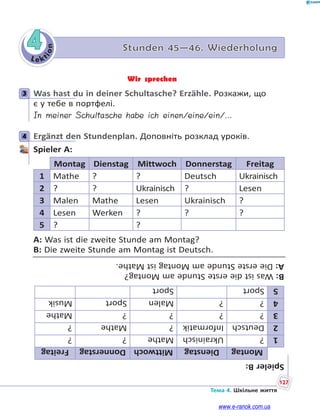 Le kt
ion
127
Тема 4. Шкільне життя
4 Stunden 45—46. Wiederholung
Wir sprechen
3 Was hast du in deiner Schultasche? Erzähle. Розкажи, що
є у тебе в портфелі.
In meiner Schultasche habe ich einen/eine/ein/…
4 Ergänzt den Stundenplan. Доповніть розклад уроків.
Spieler A:
Montag Dienstag Mittwoch Donnerstag Freitag
1 Mathe ? ? Deutsch Ukrainisch
2 ? ? Ukrainisch ? Lesen
3 Malen Mathe Lesen Ukrainisch ?
4 Lesen Werken ? ? ?
5 ? ?
A: Was ist die zweite Stunde am Montag?
B: Die zweite Stunde am Montag ist Deutsch.
SpielerB:
MontagDienstagMittwochDonnerstagFreitag
1?UkrainischMathe??
2DeutschInformatik?Mathe?
3????Mathe
4??MalenSportMusik
5SportSport
B:WasistdieersteStundeamMontag?
A:DieersteStundeamMontagistMathe.
3
4
www.e-ranok.com.ua
 