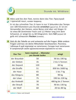 Le ktion
180
Lektion 6. Natur und Umwelt
6 Stunde 66. Wildtiere
3 Höre und lies den Text, nenne dann das Tier. Прослухай
і прочитай текст, назви тварину.
Er ist das schnellste Tier. Er kann in nur 3 Sekunden das Tempo
von 100 Kilometern pro Stunde erreichen (досягти). Er ist ein
Verwandter der Katzen, seine Beine sind aber viel länger. Er
ist etwa 80 Zentimeter hoch und 1,5 Meter lang (mit dem
Schwanz), er wiegt bis zu 60 Kilogramm. Sein Fell (хутро) ist
gelb mit schwarzen Flecken (плями).
4 Sieh dir die Tabelle an und antworte auf die Fragen. Bilde andere
Fragen und lass sie deine Mitschüler beantworten. Розглянь
таблицю й дай відповіді на запитання. Склади інші запитання
й запропонуй своїм однокласникам відповісти на них.
Das Tier
kann maximal … Kilometer
pro Stunde laufen
wiegt
der Braunbär 50 90 bis 190 kg
der Elefant 35 2 bis 5 Tonnen
der Gepard 120 60 kg
die Giraffe 51 830 bis 1600 kg
der Hase 65 1 bis 7 kg
das Känguru 80 90 kg
der Löwe 75 190 bis 220 kg
das Krokodil 30 400 kg bis 2 Tonnen
der Strauß 70 90 bis 130 kg
der Wolf 60 20 bis 80 kg
3
4
www.e-ranok.com.ua
 
