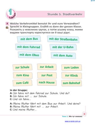 Le kt
ion
19
Тема 1. Ми тут живемо
1 Stunde 5. Stadtverkehr
5 Welche Verkehrsmittel benutzt ihr und eure Verwandten?
Sprecht in Kleingruppen. Erzählt es dann der ganzen Klasse.
Розкажіть у невеликих групах, а потім усьому класу, якими
видами транспорту користуєтеся ви й ваші рідні.
zur Schule
zum Café
zum Kino
zum Laden
zum Bahnhof
zur Klinik
zur Arbeit
nach Hause
zur Post
mit dem Bus
mit dem Fahrrad
mit der Straßenbahn
mit der U-Bahn
mit dem Obus mit dem Auto
In der Gruppe:
A: Ich fahre mit dem Fahrrad zur Schule. Und du?
B: Ich fahre mit … zur Schule.
C: Und ich fahre…
A: Meine Mutter fährt mit dem Bus zur Arbeit. Und deine?
B: Meine Mutter fährt mit … zur Arbeit.
C: Und meine Mutter…
5
www.e-ranok.com.ua
 
