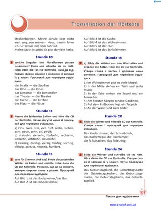 233
Тексти для аудіювання
Transkription der Hörtexte
Straßenbahnen. Meine Schule liegt nicht
weit weg von meinem Haus, darum fahre
ich zur Schule mit dem Fahrrad.
Meine Stadt ist grün. Es gibt da viele Parks.
Stunde 10
1 Welche Singular- und Pluralformen passen
zusammen? Finde und schreibe sie ins Heft.
Höre dann die CD zur Kontrolle. Знайди від-
повідні форми однини і множини й запиши
їх у зошит. Прослухай для перевірки аудіо-
диск.
die Straße — die Straßen
das Kino — die Kinos
das Denkmal — die Denkmäler
das Theater — die Theater
die Kirche — die Kirchen
der Platz — die Plätze
Stunde 13
1 Nenne die fehlenden Zahlen und höre die CD
zur Kontrolle. Назви відсутні числа й прослу-
хай для перевірки аудіодиск.
a) Eins, zwei, drei, vier, fünf, sechs, sieben,
acht, neun, zehn, elf, zwölf;
b) dreizehn, vierzehn, fünfzehn, sechzehn,
siebzehn, achtzehn, neunzehn;
c) zwanzig, dreißig, vierzig, fünfzig, sechzig,
siebzig, achtzig, neunzig, hundert.
Stunde 15
2 Was für Zimmer sind das? Finde die passenden
Wörter im Kasten und erzähle. Höre dann die
CD zur Kontrolle. Розкажи, що це за кімнати,
використовуючи слова з рамки. Прослухай
для перевірки аудіодиск.
Auf Bild 1 ist das Badezimmer/das Bad.
Auf Bild 2 ist das Kinderzimmer.
Auf Bild 3 ist die Küche.
Auf Bild 4 ist das Wohnzimmer.
Auf Bild 5 ist der Flur.
Auf Bild 6 ist das Schlafzimmer.
Stunde 18
2 а) Bilde die Wörter aus den Wortteilen und
ergänze die Sätze. Höre die CD zur Kontrolle.
Утвори слова з частин і доповни ними
речення. Прослухай для перевірки аудіо-
диск.
1) Im Wohnzimmer gibt es viele Möbel.
2) In der Mitte stehen ein Tisch und sechs
Stühle.
3) In der Ecke stehen ein Sessel und ein
Fernseher.
4) Am Fenster hängen schöne Gardinen.
5) Auf dem Fußboden liegt ein Teppich.
6) An der Wand sind zwei Bilder.
Stunde 20
1 Bilde die Wörter und höre die CD zur Kontrolle.
Утвори слова і прослухай для перевірки
аудіодиск.
Das Kinderzimmer, der Schreibtisch,
das Bücherregal, die Tischlampe,
die Schulsachen, das Spielzeug.
Stunde 26
1 Bilde die Wörter und schreibe sie ins Heft.
Höre dann die CD zur Kontrolle. Утвори сло-
ва й запиши їх у зошит. Потім прослухай
для перевірки аудіодиск.
Das Geburtstagskind, die Geburtstagsparty,
der Geburtstagskuchen, die Geburtstags-
maske, die Geburtstagskarte, das Geburts-
tagslied.
1
1
2
2
1
1
www.e-ranok.com.ua
 
