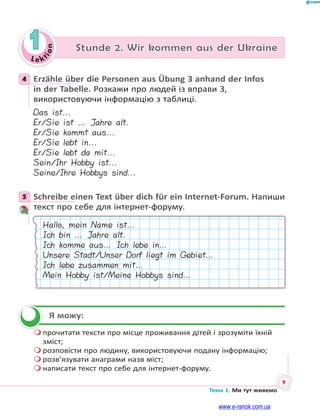 Le kt
ion
9
Тема 1. Ми тут живемо
1 Stunde 2. Wir kommen aus der Ukraine
4 Erzähle über die Personen aus Übung 3 anhand der Infos
in der Tabelle. Розкажи про людей із вправи 3,
використовуючи інформацію з таблиці.
Das ist...
Er/Sie ist … Jahre alt.
Er/Sie kommt aus...
Er/Sie lebt in...
Er/Sie lebt da mit...
Sein/Ihr Hobby ist...
Seine/Ihre Hobbys sind...
5 Schreibe einen Text über dich für ein Internet-Forum. Напиши
текст про себе для інтернет-форуму.
Hallo, mein Name ist…
Ich bin … Jahre alt.
Ich komme aus… Ich lebe in…
Unsere Stadt/Unser Dorf liegt im Gebiet…
Ich lebe zusammen mit…
Mein Hobby ist/Meine Hobbys sind…
Я можу:
 прочитати тексти про місце проживання дітей і зрозуміти їхній
зміст;
 розповісти про людину, використовуючи подану інформацію;
 розв’язувати анаграми назв міст;
 написати текст про себе для інтернет-форуму.
4
5

www.e-ranok.com.ua
 