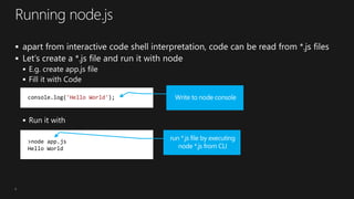 9
console.log('Hello World');
>node app.js
Hello World
 