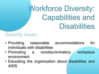 • Providing reasonable accommodations for
individuals with disabilities
• Promoting a nondiscriminatory workplace
environm...