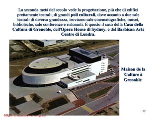 La seconda metà del secolo vede la progettazione, più che di edifici prettamente teatrali, di grandi  poli culturali , dove accanto a due sale teatrali di diversa grandezza, troviamo sale cinematografiche, musei, biblioteche, sale conferenze e ristoranti. È questo il caso della  Casa della Cultura di Grenoble,  dell' Opera House di Sydney , e del  Barbican Arts Centre di Londra . Maison de la Culture à Grenoble  