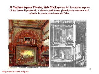 Al  Madison Square Theatre, Stele Mackaye  trasferì l'orchestra sopra e dietro l'arco di proscenio a vista e costituì una piattaforma montacarichi, calando le scene tutte intere dall'alto.  