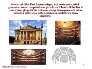 Mentre, nel 1896,  Karl Lautenschlager , ispirato dal teatro  kabuki  giapponese, costruì una piattaforma girevole per il  Teatro di Berlino : in essa, mentre gli spettatori assistevano allo spettacolo posto sulla prima metà della piattaforma, sulla seconda metà si allestiva la scena successiva.  