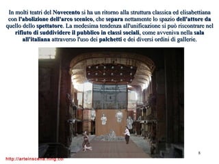 In molti teatri del  Novecento  si ha un ritorno alla struttura classica ed elisabettiana con  l'abolizione dell'arco scenico , che  separa  nettamente lo spazio  dell'attore   da  quello dello  spettatore . La medesima tendenza all'unificazione si può riscontrare nel  rifiuto di suddividere il pubblico in classi sociali , come avveniva nella  sala all'italiana  attraverso l'uso dei  palchetti  e dei diversi ordini di gallerie. 