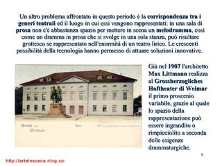Un altro problema affrontato in questo periodo è la  corrispondenza tra i generi teatrali  ed il luogo in cui essi vengono rappresentati: in una sala di  prosa  non c'è abbastanza spazio per mettere in scena un  melodramma , così come un dramma in prosa che si svolge in una sola stanza, può risultare grottesco se rappresentato nell'enormità di un teatro lirico. Le crescenti possibilità della tecnologia hanno permesso di attuare soluzioni innovative.  Già nel  1907  l'architetto  Max Littmann  realizza al  Grossherzogliches Hoftheater di Weimar  il primo proscenio variabile, grazie al quale lo spazio della rappresentazione può essere ingrandito o rimpicciolito a seconda delle esigenze drammaturgiche. 