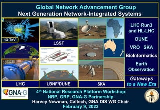 Global Network Advancement Group
Next Generation Network-Integrated Systems
4th National Research Platform Workshop:
NRP, GRP, GNA-G Partnership
Harvey Newman, Caltech, GNA DIS WG Chair
February 9, 2023
 