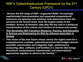 NSF’s Cyberinfrastructure Framework for the 21st
Century (CIF21)
• “Across the full range of NSF--‐supported fields’ increasingly
sophisticated instrumentation and expanded computational
resources are opening new windows onto phenomena from the
universe to the human brain, from the largest scales to the
smallest. Across all domains, data play the key role in a profound
transformation of the culture and conduct of science and society.
• This Revolution Will Transform Research, Practice, And Education
In Science and Engineering As Well As Advance Innovation In
Society
• This vision of the near future shows clearly the urgent need for a
comprehensive, scalable, cyberinfrastructure that bridges diverse
scientific communities and integrates high--‐performance
computing, data, software, and facilities in a manner that brings
theoretical, computational, experimental, and observational
approaches together to advance the frontier.”
 