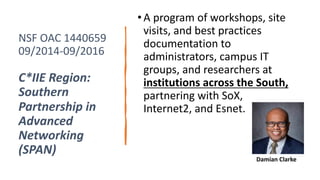•A program of workshops, site
visits, and best practices
documentation to
administrators, campus IT
groups, and researchers at
institutions across the South,
partnering with SoX,
Internet2, and Esnet.
NSF OAC 1440659
09/2014-09/2016
C*IIE Region:
Southern
Partnership in
Advanced
Networking
(SPAN)
Damian Clarke
 