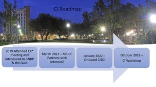 2019 Attended CC*
meeting and
introduced to 3NRP
& the Quilt
March 2021 – MS-CC
Partners with
Internet2
January 2022 –
Onboard CISO
October 2022 –
CI Workshop
CI Roadmap
 