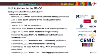 [ 89 ]
2022 Activities for the MS-CC
Monthly Consortium Meetings, Pulse Surveys
Outreach and workshops
• March 15, 2022: Open Science Grid All Hands Meeting presentation
• April 5, 2022: South Carolina Divine Nine Legislative Day
presentation
• June 15, 2022: TNC22 presentation
• June 22-23, 2022: North Carolina A&T State University workshop
• August 17-18, 2022: Salish Kootenai College workshop
• September 13, 2022: NSF LFO 2022 Research Infrastructure
Workshop panel
• September 13, 2022: HP HBCU Tech22 Conference presentation
• September 19, 2022: HBCU Presidents’ Convening
• September 20-23, 2022: National HBCU Week break out session
presentation
• September 21, 2022: NSF CC* PI / Quilt meeting panel presentation
 