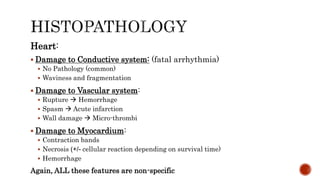 Heart:
 Damage to Conductive system: (fatal arrhythmia)
 No Pathology (common)
 Waviness and fragmentation
 Damage to Vascular system:
 Rupture  Hemorrhage
 Spasm  Acute infarction
 Wall damage  Micro-thrombi
 Damage to Myocardium:
 Contraction bands
 Necrosis (+/- cellular reaction depending on survival time)
 Hemorrhage
Again, ALL these features are non-specific
 