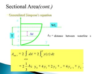 Sectional Area(cont.)
• Generalized Simpson’s equation
swaterlinebetweendistancez
nn
area
T
t
yyyyz
dzzydAA
1210
0
sec
4..24y
3
1
2
)(22
z
y
WL
T
0
2
4
6
8
z
 