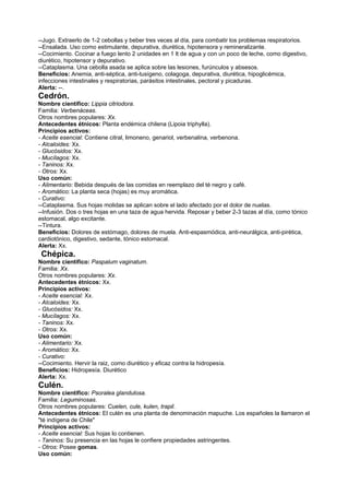 --Jugo. Extraerlo de 1-2 cebollas y beber tres veces al día, para combatir los problemas respiratorios.
--Ensalada. Uso como estimulante, depurativa, diurética, hipotensora y remineralizante.
--Cocimiento. Cocinar a fuego lento 2 unidades en 1 lt de agua y con un poco de leche, como digestivo,
diurético, hipotensor y depurativo.
--Cataplasma. Una cebolla asada se aplica sobre las lesiones, furúnculos y absesos.
Beneficios: Anemia, anti-séptica, anti-tusígeno, colagoga, depurativa, diurética, hipoglicémica,
infecciones intestinales y respiratorias, parásitos intestinales, pectoral y picaduras.
Alerta: --.
Cedrón.
Nombre científico: Lippia citriodora.
Familia: Verbenáceas.
Otros nombres populares: Xx.
Antecedentes étnicos: Planta endémica chilena (Lipoia triphylla).
Principios activos:
- Aceite esencial: Contiene citral, limoneno, genariol, verbenalina, verbenona.
- Alcaloides: Xx.
- Glucósidos: Xx.
- Mucílagos: Xx.
- Taninos: Xx.
- Otros: Xx.
Uso común:
- Alimentario: Bebida después de las comidas en reemplazo del té negro y café.
- Aromático: La planta seca (hojas) es muy aromática.
- Curativo:
--Cataplasma. Sus hojas molidas se aplican sobre el lado afectado por el dolor de nuelas.
--Infusión. Dos o tres hojas en una taza de agua hervida. Reposar y beber 2-3 tazas al día, como tónico
estomacal, algo excitante.
--Tintura.
Beneficios: Dolores de estómago, dolores de muela. Anti-espasmódica, anti-neurálgica, anti-pirética,
cardiotónico, digestivo, sedante, tónico estomacal.
Alerta: Xx.
Chépica.
Nombre científico: Paspalum vaginatum.
Familia: Xx.
Otros nombres populares: Xx.
Antecedentes étnicos: Xx.
Principios activos:
- Aceite esencial: Xx.
- Alcaloides: Xx.
- Glucósidos: Xx.
- Mucílagos: Xx.
- Taninos: Xx.
- Otros: Xx.
Uso común:
- Alimentario: Xx.
- Aromático: Xx.
- Curativo:
--Cocimiento. Hervir la raiz, como diurético y eficaz contra la hidropesía.
Beneficios: Hidropesía. Diurético
Alerta: Xx.
Culén.
Nombre científico: Psoralea glandulosa.
Familia: Leguminosas.
Otros nombres populares: Cuelen, cule, kulen, trapil.
Antecedentes étnicos: El culén es una planta de denominación mapuche. Los españoles la llamaron el
"té indígena de Chile"
Principios activos:
- Aceite esencial: Sus hojas lo contienen.
- Taninos: Su presencia en las hojas le confiere propiedades astringentes.
- Otros: Posee gomas.
Uso común:
 