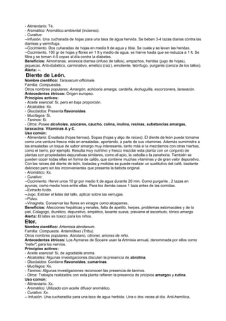- Alimentario: Té.
- Aromático: Aromático ambiental (incienso).
- Curativo:
--Infusión. Una cucharada de hojas para una tasa de agua hervida. Se beben 3-4 tazas diarias contra las
diarreas y vermífuga.
--Cocimiento. Dos cuharadas de hojas en medio lt de agua y tibia. Se cuela y se lavan las heridas.
--Cocimiento. 100 gr de hojas y flores en 1 lt y medio de agua, se hierve hasta que se reduzca a 1 lt. Se
filtra y se toman 4-5 copas al día contra la diabetes.
Beneficios: Almorranas, anorexia diarrea (infuso de tallos), empachos, heridas (jugo de hojas),
jaquecas. Anti-diabético, carminativo, emético (raiz), emoliente, febrífugo, purgante (ceniza de los tallos).
Alerta: --.
Diente de León.
Nombre científico: Taraxacum officinale.
Familia: Compuestas.
Otros nombres populares: Amargón, achicoria amarga, cardeña, lechuguilla, escorzonera, taraxacón.
Antecedentes étnicos: Origen europeo.
Principios activos:
- Aceite esencial: Si, pero en baja proporción.
- Alcaloides: Xx.
- Glucósidos: Presenta flavonoides.
- Mucílagos: Si.
- Taninos: Si.
- Otros: Posee alcoholes, azúcares, caucho, colina, inulina, resinas, substancias amargas,
taraxacina. Vitaminas A y C.
Uso común:
- Alimentario: Ensalada (hojas tiernas). Sopas (hojas y algo de raices). El diente de león puede tomarse
como una verdura fresca más en ensaladas, aportando, a parte de sus vitaminas. Además sumimistra a
las ensaladas un toque de sabor amargo muy interesante, tanto más si la mezclamos con otras hierbas,
como el berro, por ejemplo. Resulta muy nutritivo y fresco mezclar esta planta con un conjunto de
plantas con propiedades depurativas similares, como el apio, la cebolla o la zanahoria. También se
pueden cocer todas ellas en forma de caldo, que contiene muchas vitaminas y de gran valor depurativo.
Con las raíces del diente de león, tostadas y molidas se puede realizar un sustitutivo del café, bastante
delicioso pero sin los inconvenientes que presenta la bebida original.
- Aromático: Xx.
- Curativo:
--Cocimiento. Hervir unos 10 gr por medio lt de agua durante 20 min. Como purgante , 2 tazas en
ayunas, como media hora entre ellas. Para los demás casos 1 taza antes de las comidas.
--Extracto fuído.
--Jugo. Extraer el latex del tallo, aplicar sobre las verrugas.
--Polvo.
--Vinagreta. Conservar las flores en vinagre como alcaparras.
Beneficios: Afecciones hepáticas y renales, falta de apetito, herpes, problemas estomacales y de la
piel. Colagogo, diurético, depurativo, empético, laxante suave, previene el escorbuto, tónico amargo
Alerta: El látex es toxico para los niños.
Eter.
Nombre científico: Artemisia abrotanum.
Familia: Compuesta. Antemídeas (Tribu).
Otros nombres populares: Abrotano, citronel, amores de niño.
Antecedentes étnicos: Los Aymaras de Socaire usan la Artmisia annual, denominada por ellos como
"neter", para los nervios.
Principios activos:
- Aceite esencial: Si, de agradable aroma.
- Alcaloides: Algunas investigaciones discuten la presencia de abrotina.
- Glucósidos: Contiene flavonoides, cumarinas.
- Mucílagos: Xx.
- Taninos: Algunas investigaciones reconocen las presencia de taninos.
- Otros: Trabajos realizados con esta planta refieren la presencia de pricipios amargos y rutina.
Uso común:
- Alimentario: Xx.
- Aromático: Utilizado con aceite difusor aromático.
- Curativo: Xx.
-- Infusión. Una cucharadita para una taza de agua herbida. Una o dos veces al día. Anti-hemítica,
 