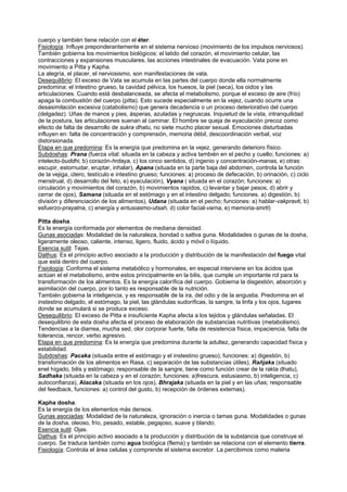 cuerpo y también tiene relación con el éter.
Fisiología: Influye preponderantemente en el sistema nervioso (movimiento de los impulsos nerviosos).
También gobierna los movimientos biológicos: el latido del corazón, el movimiento celular, las
contracciones y expansiones musculares, las acciones intestinales de evacuación. Vata pone en
movimiento a Pitta y Kapha.
La alegría, el placer, el nerviosismo, son manifestaciones de vata.
Desequilibrio: El exceso de Vata se acumula en las partes del cuerpo donde ella normalmente
predomina: el intestino grueso, la cavidad pélvica, los huesos, la piel (seca), los oidos y las
articulaciones. Cuando está desbalanceada, se afecta el metabolismo, porque el exceso de aire (frío)
apaga la combustión del cuerpo (pitta). Esto sucede especialmente en la vejez, cuando ocurre una
desasimilación excesiva (catabolismo) que genera decadencia o un proceso deteriorativo del cuerpo
(delgadez). Uñas de manos y pies, ásperas, azuladas y negruscas. Inquietud de la vista, intranquilidad
de la postura, las articulaciones suenan al caminar. El hombre se queja de eyaculación precoz como
efecto de falta de desarrollo de sukra dhatu, no siete mucho placer sexual. Emociones disturbadas
influyen en: falta de concentración y comprensión, memoria débil, descoordinación verbal, voz
distorsionada.
Etapa en que predomina: Es la energía que predomina en la vejez, generando deterioro físico.
Subdoshas: Prana (fuerza vital: situada en la cabeza y activa también en el pecho y cuello; funciones: a)
intelecto-buddhi, b) corazón-hrdaya, c) los cinco sentidos, d) ingenio y concentración-manas, e) otras:
escupir, estornudar, eruptar, inhalar), Apana (situada en la parte baja del abdomen, controla la función
de la vejiga, útero, testículo e intestino grueso; funciones: a) proceso de defecación, b) orinación, c) ciclo
menstrual, d) desarrollo del feto, e) eyaculación), Vyana ( situada en el corazón; funciones: a)
circulación y movimientos del corazón, b) movimientos rapidos, c) levantar y bajar pesos, d) abrir y
cerrar de ojos), Samana (situada en el estómago y en el intestino delgado; funciones. a) digestión, b)
división y diferenciación de los alimentos), Udana (situada en el pecho; funciones: a) hablar-vakpravti, b)
esfuerzo-prayatna, c) energía y entusiasmo-utsah, d) color facial-varna, e) memoria-smrti)
Pitta dosha.
Es la energía conformada por elementos de mediana densidad.
Gunas asociadas: Modalidad de la naturaleza, bondad o sattva guna. Modalidades o gunas de la dosha,
ligeramente oleoso, caliente, intenso, ligero, fluido, ácido y móvil o líquido.
Esencia sutil: Tejas.
Dathus: Es el principio activo asociado a la producción y distribución de la manifestación del fuego vital
que está dentro del cuerpo.
Fisiología: Conforma el sistema metabólico y hormonales, en especial interviene en los ácidos que
actúan el el metabolismo, entre estos principalmente en la bilis, que cumple un importante rol para la
transformación de los alimentos. Es la energía calorífica del cuerpo. Gobierna la disgestión, absorción y
asimilación del cuerpo, por lo tanto es responsable de la nutrición.
También gobierna la inteligencia, y es responsable de la ira, del odio y de la angustia. Predomina en el
instestino delgado, el estómago, la piel, las glándulas sudoríficas, la sangre, la linfa y los ojos, lugares
donde se acumulará si se produce exceso.
Desequilibrio: El exceso de Pitta e insuficiente Kapha afecta a los tejidos y glándulas señaladas. El
desequilibrio de esta dosha afecta el proceso de elaboración de substancias nutritivas (metabolismo).
Tendencias a la diarrea, mucha sed, olor corporar fuerte, falta de resistencia física, impaciencia, falta de
tolerancia, rencor, verbo agresivo.
Etapa en que predomina: Es la energía que predomina durante la adultez, generando capacidad física y
estabilidad.
Subdoshas: Pacaka (situada entre el estómago y el instestino grueso); funciones: a) digestión, b)
transformación de los alimentos en Rasa, c) separación de las substancias útiles), Rañjaka (situado
enel hígado, bilis y estómago; responsable de la sangre, tiene como función crear de la rakta dhatu),
Sadhaka (situada en la cabeza y en el corazón; funciones: a)frescura, estusiasmo, b) inteligencia, c)
autoconfianza), Alacaka (situada en los ojos), Bhrajaka (situada en la piel y en las uñas; responsable
del feedback, funciones: a) control del gusto, b) recepción de órdenes externas).
Kapha dosha.
Es la energía de los elementos más densos.
Gunas asociadas: Modalidad de la naturaleza, ignoración o inercia o tamas guna. Modalidades o gunas
de la dosha, oleoso, frío, pesado, estable, pegajoso, suave y blando.
Esencia sutil: Ojas.
Dathus: Es el principio activo asociado a la producción y distribución de la substancia que construye el
cuerpo. Se traduce también como agua biológica (flema) y también se relaciona con el elemento tierra.
Fisiología: Controla el área celulas y comprende el sistema excretor. La percibimos como materia
 