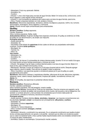 - Alimentario: Fruto muy apreciado. Bebida.
- Aromático: Xx.
- Curativo:
--Infusión 1. Una o dos hojas para una taza de agua hervida. Beber 3-4 veces al día, contra la tos, como
tónico digestivo y para regular el flujo menstrual
--Infusión 2. Una cucharada de raspadura del cuesco para una taza de agua hervida, para la tos.
--Otros. Pueden preparase bebidas con miel, jarabes y tinturas.
Beneficios: Afecciones respiratorias, dentadura, dolores neurálgicos y jaquecas, resfrío, tos, tumores.
Anti-tusígeno, emenagono, tónico digestivo y nutricional.
Alerta: Infusión de las hojas contraindicado para embarazadas.
Quillay.
Nombre científico: Quillaja saponaria.
Familia: Rosáceas.
Otros nombres populares: Kallay, kullai.
Antecedentes étnicos: El género Quillaja tiene especies americanas. El quillay es endémico en Chile.
El quillay es una denominación y de amplio uso mapuche.
Principios activos:
- Aceite esencial: Xx.
- Alcaloides: Xx.
- Glucósidos: Está dotado de saponinas de las cuales se derivan sus propiedades estimulates
curativas. Contiene ácido quilláyico.
- Mucílagos: Xx.
- Taninos: Xx.
- Otros: Xx.
Uso común:
- Alimentario: Xx.
- Aromático: Xx.
- Curativo:
--Cocimiento. Se hierven 2 cucharaditas de corteza desmenuzada, durante 10 min en medio lt de agua.
Con este líquido se lavan heridas escamosas y crónicas de la piel
--Infusión. Se agregan 5 gr de hojas y corteza desmenuzada a una taza de agua hervida. Beber 2-3
tazas al día, para combatir la bronquitos y la tos.
--Maceración. Remojar 2 trozos de corteza en 2 lt de agua durante toda la noche. Después agregar
agua caliente y lavar el cabello. Para afirmar el cabello y tratar la seborrea.
- Otros: Cosmética. Las saponinas ayudan a emulsionar grasas por lo que el quillay es usado
popularmente como jabón.
Beneficios: Afecciones cutáneas y respiratorias infantiles, afecciones de la piel, afecciones vaginales,
alopesías, asma, catarro vesical, expectorante, limpieza del cabello, reumatismos crónicos, tos.
Alerta: Xx.
Otros: En el quillay, las saponinas no presentan efectos tóxicos.
Romero.
Nombre científico: Rosmarinus officinalis.
Familia: Labiadas (Lamiáceas).
Otros nombres populares: Flor del peregrino, romero castilla.
Antecedentes étnicos: Introducida en Chile por los españoles. Para los romanos era sagrado y se le
consideraba un símbolo de lealtad, del conocimiento de la muerte, del recuerdo y de la inteligencia. Era
también un símbolo del amor y de la amistad. Se consideraba que el romero daba poder de
concentración, activaba la memoria y favorecía el recuerdo.
Principios activos:
- Aceite esencial: Contiene distintos éteres, alcoholes y terpenos. Las mayores concentraciones son
los alcoholes: borneol y cineol. Los terpenos son principalmente: alfa pineno y canfeno.
- Alcaloides: Xx.
- Glucósidos: Contiene saponinas.
- Mucílagos: Xx.
- Taninos: Si. Tanino triterpénico
- Otros: Contiene también amargos y resinas.
Uso común:
- Alimentario: Alimento y condimento muy apreciado. Es un estupendo condimento que resalta el sabor
de las comidas,especialmente con guisos y a la parrilla , siempre que se utilice con prudencia puesto
que su sabor es bastante fuerte. Unas cuantas hojitas espolvoreadas sobre una ensalada variada le dan
un toque de sabor mediterráneo.
- Aromático: Usado en aromaterapia. Concentración mental, sedante.
 