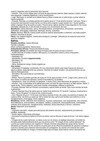 cuerpo y después usar la pomanada aquí descrita.
--Infusión. Tres a cinco hojitas para una taza de agua hervida caliente. Dejar reposar y beber caliente,
para jaquecas, molestias digestivas y de la menstruación.
--Jugo. Machacar un puñado de la planta fresca y filtrar a través de un paño limpio y poner sobre la
herida sangrante.
--Pomada. Remojar un puñado grande de la planta seca en 1 lt de alcohol durante 1 semana. Filtrar y
concentrar esta solución a baño baría a un tercio de lo original. Luego nezclar con 1 kg de vaselina
sólida y agregar 50 gr de azufre en polvo. Para la sarna, aplicar durante 3 dias seguidos en las zonas
afectadas, después de un año de todo el cuerpo con el cocimiento de ruda.
Beneficios: Lipiria (diarreas), sarna. Anti-espasmódica, anti-helmíntica, anti-pútrida, carminativa,
diaforética, emenagoga, estomacal, febrífuga, nervina, sudorífica.
Alerta: Abortiva. Más de 4 tazas puede provocar úlceras estomacales o intestinal. Las hojas pueden
producir manchas en la piel.
Otros: Uso mágico-religioso. Usada para santiguar y proteger. Utilizada por el mapuche para echar
espíritus malignos.
Salvia.
Nombre científico: Salvia officinalis.
Familia: Labiadas.
Otros nombres populares: Hierba sacra.
Antecedentes étnicos: Introducida desde Europa.
Principios activos: Es posible que haya sinergia entre el aceite esncial y el tanino.
- Aceite esencial: El aceite contiene: alfa tuyona, d y l-alcanform sineol y otros compuestos
hidrocarbonados.
- Alcaloides: Xx.
- Glucósidos: Contiene saponina ácida.
- Mucílagos: Xx.
- Taninos: Si.
- Otros: Substancia marga. Acidos orgaánicos.
Uso común:
- Alimentario: Ensaladas, condimento. Es muy interesante añadir unas hojas frescas de salvia en
algunos platos, especialmente las verduras. Además de realzar el sabor, nos aprovechamos de sus
valores fitoterapéuticos.
- Aromático: Muy apreciada en aromaterapia.
- Curativo:
--Baños. Hervir 2 puñados grandes de hojas en 2 lt de agua durante 15 min. Luego colar y poner en la
tina. Darse 2-3 baños por semana, contra el reumatismo y la parálisis.
--Gargarismos. Usar una infusión en gárgaras, 3 veces al día, para afecciones de garganta y encias.
--Infusión. Tres cucharaditas de la planta seca para una taza de agua hervida y se deja reposar. Beber 3
veces al día. Tónico digestivo, para lavar heridas, emenagoga y detener la lactancia.
--Pomada. Mezclar miel con infusión concentrada y aplicar sobre la herida. Para curar heridas de lenta
cicatrización.
--Tintura. Remojar 5o gr de salvia seca en medio lt de alcohol de 70° durante 1 semana, revolviendo a
diario. Tomar 50 gotas 1-2 veces al día, contra el sudor.
--Vino. Macerar 50 gr en 1 lt de buen vino blanco durante 9 días. Se cuela y se exprime el residuo. Se
vuelve a filtrar. Se toma un vasito de 100 cc todos los días, para curar heridas (uso externo) y como
hipoglicemiante, emenagogo, tónico digestivo.
Beneficios: Artritis, detención de la lactancia, mucosas, tuberculosis, vías respiratorias, vías urinarias.
Anti-inflamatoria, anti-reumático, anti-séptica, cefálica, cicatrizante, descongestionante, emenagoga,
inhibidor de la sudoración, hipoglicemiante, resolutivo, tónico estomacal y nervino, vulnerario.
Alerta: Detención de la lactancia.
Otros:
- Unguento marciatón. Usado para afecciones del sistema nervioso, especiamente convulsiones,
parálisis, temblores.
- Aceite valpino. Afecciones articulares.
- Era tanta la importancia dada en China a la salvia, que se ofrecían 2 cajas de té por 1 de salvia inglesa
seca.
- Vinagre de los cuatro ladrones. La salvia, junto con el romero, el espliego (lavanda) y el tomillo ha
formado parte tradicionalmente de lo que se conoce como " El vinagre de los cuatros ladrones". Se
cuenta que cuatro ladrones son cogidos en Tolouse mientras saqueaban las casas de los vecinos
afectados por la peste. Se les condena a muerte pero se les ofrece la posibilidad de salvarse si explican
cual el su secreto para sobrevivir entre la peste sin contagiarse. Su secreto era macerar las cuatro
plantas mencionadas en vinagre y frotarse luego todo el cuerpo. Esta historia viene a demostrar las
 