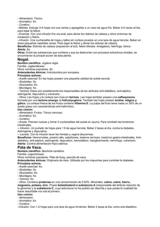 - Alimentario: Tónico.
- Aromático: Xx.
- Curativo:
--Bebida. Estrujar 2-4 hojas con sus ramas y agregarlas a un vaso de agua fría. Beber 4-5 veces al día,
para bajar la fiebre.
--Enemas. Con una infusión fría vía anal, para aliviar los dolores de cabeza y otros síntomas de
insolación y fiebre.
--Infusión. Una cucharadita de hojas y tallos sin corteza picados en una taza de agua hervida. Beber en
dosis pequeñas repetidas veces. Para bajar la fiebre y aliviar los dolores de cabeza.
Beneficios: Dolores de cabeza (exposición al sol), fiebre tifoidea. Analgésico, febrífuga, tónico.
Alerta: Xx.
Otras: Entre las substancias que contiene y que se destruirían con procesos extractivos simples, se
encontrarían la pricipal acción de esta planta.
Nogal.
Nombre científico: Juglans regia.
Familia: Juglandáceas.
Otros nombres populares: Xx.
Antecedentes étnicos: Indroducidos por europeos.
Principios activos:
- Aceite esencial: En las hojas poseen una pequeña catidad de aceite esncial.
- Alcaloides: Xx.
- Glucósidos: Xx.
- Mucílagos: Xx.
- Taninos: Estos son posiblemente los responsables de los atributos anti-diabético, anti-séptico,
astringente, depurativo y vulnerario.
- Otros: Las hojas y la corteza son ricas en taninos. Las hojas también poseen una naftoquinona,
formada por una lactona amarga, la hidroxiyuglona. También las hojas poseen ácidos: elágico y
gálico. La corteza fresca de los frutos contiene Vitamina E. La pulpa del fruto tiene hasta un 50% de un
aceite graso con características anti-helmíntico.
Uso común:
- Alimentario: Frutos. Tónico nervioso.
- Aromático: Xx.
- Curativo:
--Aceite. Prensar nueces y tomar 2 cucharaditas del aceite en ayuna. Para combatir las lombrices
intestinales.
-- Infusión. Un puñado de hojas para 1 lt de agua hervida. Beber 2 tazas al día, contra la diabetes.
Astringente y depurativa.
-- Lavado. Con la infusión lavar las heridas y vagina (leucorrea).
Beneficios: Hemorroides, presión alta, sabañones, sistema nervioso, trastorno gastro-intestinales. Anti-
diabético, anti-séptico, astringente, depurativo, hemostático, hipoglicemiante, vermífugo, vulnerario.
Alerta: Control alimentación hipo-calórica.
Pata de Vaca.
Nombre científico: Bauhinia candians.
Familia: Leguminosas.
Otros nombres populares: Pata de buey, pezuña de vaca.
Antecedentes étnicos: Originaria de Asia. Utilizada por los mapuches para controlar la diabetes.
Principios activos:
- Aceite esencial: Xx.
- Alcaloides: Xx.
- Glucósidos: Xx.
- Mucílagos: Xx.
- Taninos: Xx.
- Otros: Contiene proteínas en una concentración de 0,50%. Minerales: calcio, cobre, hierro,
magnesio, potasio, zinc. Posee betasitosterol o substancia A (responsable del atributo reductor de
la glicemia) y la substancia C, cuya estructura no ha podido ser descrita y que posee la cualidad de
hacer absorbible vía oral el primero.
Uso común:
- Alimentario:
- Aromático: Xx.
- Curativo:
--Infusión. Con 1-2 hojas para una taza de agua hirviendo. Beber 2 tazas al día, como anti-diabético.
 