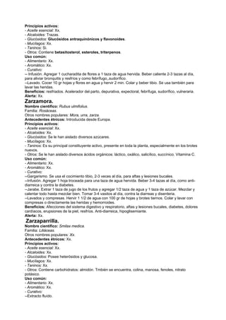 Principios activos:
- Aceite esencial: Xx.
- Alcaloides: Trazas.
- Glucósidos: Glucósidos antraquinónicos y flavonoides.
- Mucílagos: Xx.
- Taninos: Si.
- Otros: Contiene betasitosterol, esteroles, triterpenos.
Uso común:
- Alimentario: Xx.
- Aromático: Xx.
- Curativo:
-- Infusión. Agregar 1 cucharadita de flores a 1 taza de agua hervida. Beber caliente 2-3 tazas al día,
para aliviar bronquitis y resfríos y como febrífugo,,sudorífico.
--Lavado. Cocer 10 gr hojas y flores en agua y hervir 2 min. Colar y beber tibio. Se usa también para
lavar las heridas.
Beneficios: resfriados. Acelerador del parto, depurativa, expectoral, febrífuga, sudorífico, vulneraria.
Alerta: Xx.
Zarzamora.
Nombre científico: Rubus ulmifolius.
Familia: Rosáceas.
Otros nombres populares: Mora, urra, zarza.
Antecedentes étnicos: Introducida desde Europa.
Principios activos:
- Aceite esencial: Xx.
- Alcaloides: Xx.
- Glucósidos: Se le han aislado diversos azúcares.
- Mucílagos: Xx.
- Taninos: Es su principal constituyente activo, presente en toda la planta, especialmente en los brotes
nuevos.
- Otros: Se le han aislado diversos ácidos orgánicos: láctico, oxálico, salicílico, succínico. Vitamina C.
Uso común:
- Alimentario: Xx.
- Aromático: Xx.
- Curativo:
--Gargarismo. Se usa el cocimiento tibio, 2-3 veces al día, para aftas y lesiones bucales.
--Infusión. Agregar 1 hoja troceada para una taza de agua hervida. Beber 3-4 tazas al día, como anti-
diarreica y contra la diabetes.
--Jarabe. Extrar 1 taza de jugo de los frutos y agregar 1/2 taza de agua y 1 taza de azúcar. Mezclar y
calentar todo hasta mezclar bien. Tomar 3-4 vasitos al día, contra la diarreas y disenteria.
--Lavados y compresas. Hervir 1 1/2 de agua con 100 gr de hojas y brotes tiernos. Colar y lavar con
compresas o directamente las heridas y hemorroides.
Beneficios: Afecciones del sistema digestivo y respiratorio, aftas y lesiones bucales, diabetes, dolores
cardíacos, erupsiones de la piel, resfríos. Anti-diarreica, hipoglisemiante.
Alerta: Xx.
Zarzaparrilla.
Nombre científico: Smilax medica.
Familia: Liliáceas.
Otros nombres populares: Xx.
Antecedentes étnicos: Xx.
Principios activos:
- Aceite esencial: Xx.
- Alcaloides: Xx.
- Glucósidos: Posee heterósidos y glucosa.
- Mucílagos: Xx.
- Taninos: Xx.
- Otros: Contiene carbohidratos: almidón. Tmbién se encuentra, colina, manosa, fenoles, nitrato
potásico.
Uso común:
- Alimentario: Xx.
- Aromático: Xx.
- Curativo:
--Extracto fluído.
 