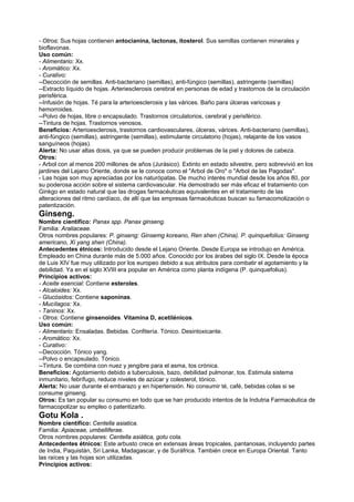 - Otros: Sus hojas contienen antocianina, lactonas, itosterol. Sus semillas contienen minerales y
bioflavonas.
Uso común:
- Alimentario: Xx.
- Aromático: Xx.
- Curativo:
--Decocción de semillas. Anti-bacteriano (semillas), anti-fúngico (semillas), astringente (semillas)
--Extracto líquido de hojas. Arteriesclerosis cerebral en personas de edad y trastornos de la circulación
perisférica.
--Infusión de hojas. Té para la arterioesclerosis y las várices. Baño para úlceras varicosas y
hemorroides.
--Polvo de hojas, libre o encapsulado. Trastornos circulatorios, cerebral y perisférico.
--Tintura de hojas. Trastornos venosos.
Beneficios: Arterioesclerosis, trastornos cardiovasculares, úlceras, várices. Anti-bacteriano (semillas),
anti-fúngico (semillas), astringente (semillas), estimulante circulatorio (hojas), relajante de los vasos
sanguíneos (hojas).
Alerta: No usar altas dosis, ya que se pueden producir problemas de la piel y dolores de cabeza.
Otros:
- Arbol con al menos 200 millones de años (Jurásico). Extinto en estado silvestre, pero sobrevivió en los
jardines del Lejano Oriente, donde se le conoce como el "Arbol de Oro" o "Arbol de las Pagodas".
- Las hojas son muy apreciadas por los naturópatas. De mucho interés mundial desde los años 80, por
su poderosa acción sobre el sistema cardiovascular. Ha demostrado ser más eficaz el tratamiento con
Ginkgo en estado natural que las drogas farmacéuticas equivalentes en el tratamiento de las
alteraciones del ritmo cardíaco, de allí que las empresas farmacéuticas buscan su famacomolización o
patentización.
Ginseng.
Nombre científico: Panax spp. Panax ginseng.
Familia: Araliaceae.
Otros nombres populares: P. ginseng: Ginsemg koreano, Ren shen (China). P. quinquefolius: Ginseng
americano, Xi yang shen (China).
Antecedentes étnicos: Introducido desde el Lejano Oriente. Desde Europa se introdujo en América.
Empleado en China durante más de 5.000 años. Conocido por los árabes del siglo IX. Desde la época
de Luis XIV fue muy utilizado por los europeo debido a sus atributos para combatir el agotamiento y la
debilidad. Ya en el siglo XVIII era popular en América como planta indígena (P. quinquefolius).
Principios activos:
- Aceite esencial: Contiene esteroles.
- Alcaloides: Xx.
- Glucósidos: Contiene saponinas.
- Mucílagos: Xx.
- Taninos: Xx.
- Otros: Contiene ginsenoides. Vitamina D, acetilénicos.
Uso común:
- Alimentario: Ensaladas. Bebidas. Confitería. Tónico. Desintoxicante.
- Aromático: Xx.
- Curativo:
--Decocción. Tónico yang.
--Polvo o encapsulado. Tónico.
--Tintura. Se combina con nuez y jengibre para el asma, tos crónica.
Beneficios: Agotamiento debido a tuberculosis, bazo, debilidad pulmonar, tos. Estimula sistema
inmunitario, febrífugo, reduce niveles de azúcar y colesterol, tónico.
Alerta: No usar durante el embarazo y en hipertensión. No consumir té, café, bebidas colas si se
consume ginseng.
Otros: Es tan popular su consumo en todo que se han producido intentos de la Indutria Farmacéutica de
farmacopolizar su empleo o patentizarlo.
Gotu Kola .
Nombre científico: Centella asiatica.
Familia: Apiaceae, umbelliferae.
Otros nombres populares: Centella asiática, gotu cola.
Antecedentes étnicos: Este arbusto crece en extensas áreas tropicales, pantanosas, incluyendo partes
de India, Paquistán, Sri Lanka, Madagascar, y de Suráfrica. También crece en Europa Oriental. Tanto
las raíces y las hojas son utilizadas.
Principios activos:
 