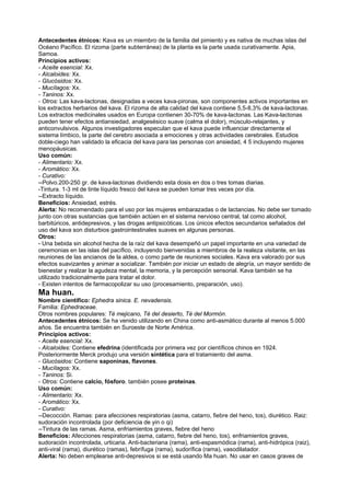 Antecedentes étnicos: Kava es un miembro de la familia del pimiento y es nativa de muchas islas del
Océano Pacífico. El rizoma (parte subterránea) de la planta es la parte usada curativamente. Apia,
Samoa.
Principios activos:
- Aceite esencial: Xx.
- Alcaloides: Xx.
- Glucósidos: Xx.
- Mucílagos: Xx.
- Taninos: Xx.
- Otros: Las kava-lactonas, designadas a veces kava-pironas, son componentes activos importantes en
los extractos herbarios del kava. El rizoma de alta calidad del kava contiene 5,5-8,3% de kava-lactonas.
Los extractos medicinales usados en Europa contienen 30-70% de kava-lactonas. Las Kava-lactonas
pueden tener efectos antiansiedad, analgesésico suave (calma el dolor), músculo-relajantes, y
anticonvulsivos. Algunos investigadores especulan que el kava puede influenciar directamente el
sistema límbico, la parte del cerebro asociada a emociones y otras actividades cerebrales. Estudios
doble-ciego han validado la eficacia del kava para las personas con ansiedad, 4 5 incluyendo mujeres
menopáusicas.
Uso común:
- Alimentario: Xx.
- Aromático: Xx.
- Curativo:
--Polvo.200-250 gr. de kava-lactonas dividiendo esta dosis en dos o tres tomas diarias.
-Tintura. 1-3 ml de tinte líquido fresco del kava se pueden tomar tres veces por día.
--Extracto líquido.
Beneficios: Ansiedad, estrés.
Alerta: No recomendado para el uso por las mujeres embarazadas o de lactancias. No debe ser tomado
junto con otras sustancias que también actúen en el sistema nervioso central, tal como alcohol,
barbitúricos, antidepresivos, y las drogas antipsicóticas. Los únicos efectos secundarios señalados del
uso del kava son disturbios gastrointestinales suaves en algunas personas.
Otros:
- Una bebida sin alcohol hecha de la raíz del kava desempeñó un papel importante en una variedad de
ceremonias en las islas del pacífico, incluyendo bienvenidas a miembros de la realeza visitante, en las
reuniones de las ancianos de la aldea, o como parte de reuniones sociales. Kava era valorado por sus
efectos suavizantes y animar a socializar. También por iniciar un estado de alegría, un mayor sentido de
bienestar y realzar la agudeza mental, la memoria, y la percepción sensorial. Kava también se ha
utilizado tradicionalmente para tratar el dolor.
- Existen intentos de farmacopolizar su uso (procesamiento, preparación, uso).
Ma huan.
Nombre científico: Ephedra sinica. E. nevadensis.
Familia: Ephedraceae.
Otros nombres populares: Té mejicano, Té del desierto, Té del Mormón.
Antecedentes étnicos: Se ha venido utilizando en China como anti-asmático durante al menos 5.000
años. Se encuentra también en Suroeste de Norte América.
Principios activos:
- Aceite esencial: Xx.
- Alcaloides: Contiene efedrina (identificada por primera vez por científicos chinos en 1924.
Posteriormente Merck produjo una versión sintética para el tratamiento del asma.
- Glucósidos: Contiene saponinas, flavones.
- Mucílagos: Xx.
- Taninos: Si.
- Otros: Contiene calcio, fósforo. también posee proteínas.
Uso común:
- Alimentario: Xx.
- Aromático: Xx.
- Curativo:
--Decocción. Ramas: para afecciones respiratorias (asma, catarro, fiebre del heno, tos), diurético. Raiz:
sudoración incontrolada (por deficiencia de yin o qi)
--Tintura de las ramas. Asma, enfriamientos graves, fiebre del heno
Beneficios: Afecciones respiratorias (asma, catarro, fiebre del heno, tos), enfriamientos graves,
sudoración incontrolada, urticaria. Anti-bacteriana (rama), anti-espasmódica (rama), anti-hidrópica (raiz),
anti-viral (rama), diurético (ramas), febrífuga (rama), sudorífica (rama), vasodilatador.
Alerta: No deben emplearse anti-depresivos si se está usando Ma huan. No usar en casos graves de
 