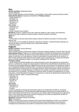 Nim.
Nombre científico: Azadirachta indica.
Familia: Meliaceas.
Otros nombres populares: Arbol del paraíso, neem (Inglés), nimba (India), sicomoro (América Latina).
Antecedentes étnicos: Originario de Asia/Africa. Principios activos:
- Aceite esencial: Xx.
- Alcaloides: Xx.
- Glucósidos: Xx.
- Mucílagos: Xx.
- Taninos: Xx.
Uso común:
- Alimentario: Xx.
- Aromático: Xx.
- Curativo:
--Aceite. Extraído de las semillas.
Beneficios: Picazón, problemas de la piel, trastornos hepáticos, sífilis, úlceras. Anti-afrodisíaco,
diurético, febrífugo, insecticida, purifica la sangre, refuerza el sistema inmunitario.
Alerta: Xx.
Otros:
- En Ayurveda se usa para reducir pitta y kappa y reforzar el sistema inmunitario. En exceso puede
agravar vata.
- Se dice que un día imposible de predececir, después de 100 años, el árbol del paraíso segrega una
especie de néctar o savia que puede curar muchas enfermedades.
- Insecticida natural.
Pygeum.
Nombre científico: Prunus africanum.
Familia: Rosaceae.
Otros nombres populares: Mkomohoyo, Mseneo (Tanzania), Ntasesa (Uganda), Tenduet, Mueri (Kenya).
Antecedentes étnicos: Pygeum es un árbol imperecedero encontrado en las elevaciones más altas de
África central y meridional. Se utiliza la corteza para efectos curativos. Estos árboles se encuentran en
peligro de extinción en la naturaleza por lo que es cuestionable si se debe utilizar por el momento. Si
bien se están haciendo ciertos esfuerzos para hacerlo crecer en plantaciones, no todas las compañías
tienen el cuidado suficiente de elegir a un proveedor ecológicamente sostenible.
Principios activos:
- Aceite esencial: El extracto lipofílico de la corteza del pygeum tiene tres categorías de componentes
activos. Los fitosteroles, incluyendo el beta-sitosterol, tienen efectos antiinflamatorios interfiriendo con la
formación de las prostaglandinas pro-inflamatorias que tienden a acumularse en la próstata de hombres
con el hiperplasia benigna de próstata (HBP). Los terpenos pentacíclicos tienen un efecto anti-edema o
descongestionante. El último grupo son los ésteres ferulicos. Estos componentes reducen los niveles de
la hormona prolactin y también bloquean el colesterol en la próstata. El prolactin aumenta la absorción
de testosterona en la próstata, y el colesterol aumenta los sitios vinculados a la testosterona y su forma
más activa, la dihidrotestosterone. Pygeum ha mostrado por sí sólo ser de utilidad para el tratamiento de
la HBP en hombres, según un estudio doble-ciego.
- Alcaloides: Xx.
- Glucósidos: Xx.
- Mucílagos: Xx.
- Taninos: Xx.
- Otros: Xx.
Uso común:
- Alimentario: Xx.
- Aromático: Xx.
- Curativo:
--La forma aceptada en Europa para administrar pygeum en el tratamiento de HBP es un extracto
lipofílico estandardizado al 13% de esteroles totales (calculados típicamente como beta-sitosterol). La
dosis recomendada es de 50-100 mg. dos veces por día. Pygeum debe monitorizarse por un período de
seis a nueve meses para determinar su eficacia. Al igual que con todos los tratamientos de HBP, la
estricta supervisión médica es importante.
Beneficios: Hiperplasia benigna de próstata.
Alerta: No presenta.
Otros: La corteza pulverizada fue utilizada como té para aliviar desórdenes urinarios. Los científicos
europeos se impresionaron tanto con los informes de las acciones del pygeum que comenzaron
investigaciones de laboratorio para aíslar los componentes activos en la corteza. Esto condujo al
 