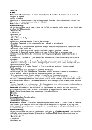 Otros: Xx.
Rosa.
Nombre científico: Rosa spp. R. canina (Rosa silvestre). R. centifolia. R. damascena. R. gallica. R.
laevigata. R. rugosa.
Familia: Rosáceas.
Otros nombres populares: Attar (India: aceite de rosas), Jin ying zi (China: escaramujo), meni gui hua
(China: flores secas en su escaramujo), taruni (India).
Antecedentes étnicos: Xx.
Principios activos:
- Aceite esencial: El aceite de rosa contiene mas de 300 componentes, de los cuales se han identificado
alrededor de 100 substancias
- Alcaloides: Xx.
- Glucósidos: Xx.
- Mucílagos: Xx.
- Taninos: Si.
- Otros: Vitaminas B, C y E.
Uso común:
- Alimentario: Hojas e ensaladas. Sustituto del Té (hojas).
- Aromático: Su esencia es estremadamente cara y utilizada en aromaterapia.
- Curativo:
--Agua de rosas. Subproducto de la destilación al vapor del aceite búlgaro de rosas. Refrescante para
conjuntivitis.Tónico para la piel.
--Decocción de escaramujos de R. laevigata. Contra la debilidad estonacal y diarrea.
--Decocción de flores de R. rugosa. Junto con la mano de Santa Maria se emplea para las
menstruaciones abundantes. Se combina con bai shao yao y xiang fu para las disfunciones del qi
hepático.
--Gargarismos. La infusión de r. gallica se emplea contra la irritación de garganta. Puede combinarse
con salvia.
--Jarabe de escaramujos de R. canina. Para dar sabor a otros preparados. Fuente de vitamina C.
--Tintura de escaramujos de R. cannina. Astringente para la diarrea, aliviar cólicos o componente para
otros preparados para la tos.
--Ttura de pétalos de R, gallica. Se usa 3 ml, 3 veces al día para la diarrea o digestión pesada.
Aceite esencial:
--Aceite francés de rosas. Se emplea R. centifolia. Afrodisíaco.
--Aceite búlgaro de rosas. Se emplea R. damascena. Nervino: ansiedad y depresión, falta de amor.
--Baño. Agregar 2 gotas al baño para la depresión, la congoja o el insomnio.
--Crema de escaranmujos. En base a aceite esencial. Para la piel seca o inflamada.
--Loción de escaramujos. En base a aceite esencial. Loción 1: Se mezcla 1 ml de tintura de pie de león o
alquimila y 10 ml de agua de rozas; para el prurito vaginal. Loción 2: El agua de rozas de con 1 porción
igual de hamamelis destilado; como loción refrescante e hidratante para cutis propensos a las manchas
y acné.
--Masaje. Mezcla 2 ml de aceite de rosas y 20 ml de otro aceite base (almendra o germen de trigo), para
aliviar el estrés, el agotamiento y las digestiones pesadas.
Beneficios: Anti-bacteriana, anti-depresiva, anti-espasmódica, anti-´septica, anti-viral, afrodisíaca,
astringente, estimulante biliar y digestivo, expectorante, regulador menstrual, tónico renal y sanguíneo.
Alerta: El auténtico aceite de rosas no es tóxico. No emplear híbridos.
Otros: Xx. .
Sándalo.
Nombre científico: Santalum album.
Familia: Santaláceas.
Otros nombres populares: Xx.
Antecedentes étnicos: Conocido por por egipcios ya en el siglo XVII A.C. Es mencionado en los libros
más antiguos de la India y de China. Los árboles del sándalo crecen en las costas de la India, Asia, y
varias islas de Oceanía. La madera es renombrada y apreciada para su talla y también de ella se extrae
el aceite medicinal.
Principios activos:
- Aceite esencial: El aceite esencial contiene altas cantidades de alfa y beta-santalol. Estas pequeñas
moléculas poseen características anti-bacterianas y sedativas. El sándalo sintético no contiene los
ingredientes activos.
- Alcaloides: Xx.
- Glucósidos: Xx.
- Mucílagos: Xx.
 