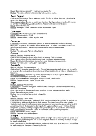 Rasas: Es amla rasa: ácido(?) y madhurarasa: dulce (?).
Doshas: Favorecen pitta (ciruelas secas) y vata. Agravan kapha.
Coco (agua).
Cualidades: Refrescante. Es un poderoso tónico. Purifica la vejiga. Mejora la calidad de la
sangre (es depurativo).
Otras características: Es rico en proteínas, vitaminas B y C y muchos minerales. Un hombre
de la India vivió 100 años y pasó sus últimos 75 solamente consumiendo coco.
Rasas: Es madhura-dulce.
Doshas: Alivia pitta y vata. En exceso puede incrementar kapha.
Damasco.
Cualidades: Muy nutritivo y su pulpa estabilizadora.
Rasas: Es madhura rasa: dulce.
Doshas: Favorece vata y kapha. Agrava pitta.
Durazno.
Cualidades: El durazno o melocotón, pelada en ayunas obra como diurético, laxante y
depurativo. Su jugo re recomienda contra la hidrpesía. Las hojas, tomadas en infusión son
vermífugas y purgante, y como compresas contra las erupciones cutáneas.
Rasas: Xx.
Doshas: Favorece vata. Agrava pitta y kapha.
Fresas.
Nombre científico: Fragaria vesca.
Cualidades: Astringente, cicatrizante, diurética, laxante. Tónico hepática.
Otras características: Contiene tanino, acoholes, mucílagos, sales potásicas.
Rasas: Combinatoria de sabores, es madhura rasa: dulce y amla rasa: ácido.
Doshas: Favorece vata y kapha, pero agrava pitta.
Granada.
Nombre científico: Punica granatum.
Cualidades: Es un tónico para el corazón. Elimina la acidez estomacal. Ayuda a la formación
de la sangre. Es pectoral, laxante, emoliente, anti-furoncolótico. En la India es utilizada contra
la diarrea.
Otras características: Para los seguidores de Zoroastro es un fruto sagrado. Mahoma la
recomendó comerla para purificarse de la envidia.
Rasas: Su fruto es kasaya: astringente, madhura: dulce y amla: ácida.
Doshas: Favorecen pitta y kapha. Agrava vata.
Higo.
Nombre científico: Ficus carica.
Cualidades: Es un tónico energético poderoso. Muy útiles para los desórdenes sexuales y
nerviosos del hombre.
Otras características: Poseen azúcares, proteínas, gomas, sales y vitaminas A y B.
Rasas: Es madhura rasa, dulce.
Doshas: Incrementa kapha y controla vata y pitta.
Limón.
Nombre científico: Citrus limon.
Cualidades: Muy refrescante y depurativo de la sangre, extrae los ácidos para su eliminación,
a pesar que es ácido, es alcalinizante de la sangre. Combaten los resfríos y los estados
virulentos. Anti-histamínico.Puede considerarse casi más una medicina que un alimento. Util
para el tratamiendo de desórdenes del hígado. Su jugo disuelto en agua y miel es útil para
romper los ayunos o para limpiar la garganta y el estómago de mucosidades al levantarse.
Otras características: Excelente fuente de vitamina C, calcio, potasio y magnesio.
Rasas: Es amla rasa, ácido o agrio.
Doshas: Favirece vata. Agrava kapha.
Mango.
Cualidades: Actúa como tónico y ayuda a formar la sangre y el semen. Si provoca gases, se le
puede agregar jenjibre en polvo con un poco de ghee. Maduro es laxante y diurético. Su jugo
es bebida refrescante.
Otras características: Es el árbol frutal más importante de la India, y se le conoce como el Rey
de las Frutas como Rasaraja o Rey de los Zumos.
 