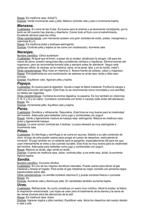 Rasas: Es madhura rasa: dulce(?).
Doshas: Verde incrementa vata y pitta. Maduro controla vata y pita e incrementa kapha.
Manzana.
Cualidades: Es reina de las frutas. Es buena para la anemia y es levemente constipante, por lo
tanto es útil cuando hay diarrea y disentería. Comer todo el fruto cura el estreñimiento.
Excelente alimeno para los niños.
Otras características: Las manzanas poseen una gran cantidad de sodio, potasi, manganeso y
vitaminas B y C.
Rasas: Es madhura-dulce y kashaya-astringente.
Doshas: Controla pitta y kapha (si se come con moderación). Aumenta vata.
Naranjas.
Nombre científico: Citrus auriantum.
Cualidades: Al igual que el limón, a pesar de su acidez, alcalinizan la sangre. Util para los
casos de asma, presión sanguínea alta y problemas cardíaco y hepáticos. Elimina toxinas del
organismo, pero se recomienda tomarla sola y siempre antes de atardecer. Seguir este
poderoso refrán: la naranja, en la mañana, sana; en la tarde, lata; y en la noche, mata").
Otras características: Muy ricas en vitamina C. Buena fuente de potasio, calcio y magnesio.
Rasas: Principalmente es una combinación de sabores es amla rasa: ácido y tikta rasa:
amargo.
Doshas: Equilibran vata. Agravan pitta y kapha.
Papaya.
Cualidades: Es buena para la digestión. Ayuda a bajar la fiebre intestinal. Purifica la sangre y
estimula la función del hígado. Esta fruta no se recominenda como monodieta y sus semillas
no deben ser ingeridas.
Otras características: Contiene la enzima digestiva, la papaina. Es rico también en vitaminas
A, B, C y D y en calcio. Combiene combinarla con limón o naranja (sólo antes del atardecer)
Rasas: Xx.
Doshas: Incrementa pitta. Equilibra vata y kapha.
Peras.
Cualidades: Diurética y refrescante. Depurativa. Esta fruta es muy buena para la creatividad
del hombre. Adecuada para beberlas como jugo y combinarlas con yogurt.
Rasas: Verde y ligeramente madura es kasaya rasa: astringente. Madura es madhura rasa:
dulce y ligeramente kasaya.
Doshas: La pera común controla las 3 doshas. La pera silvestre es muy astringente e
incrementa vata.
Piñas.
Cualidades: Es febrífuga y vermífuga si se come en ayunas. Debido a su alto contenido de
cloro, el jugo de piña puede usarse para purgar el cuerpo de desechos, estimulando la
orinación. El jugo también es un sedante para la garganta, especialemente útil para los que
usan intensamente el verbo y las cuerdas bucales. Esta fruta es muy buena para la creatividad
del hombre. Adecuada para beberlas como jugo y combinarlas con yogurt.
Rasas: Madura es ácida, algo verde es ácida.
Doshas: Cuando es madhura rasa, dulce, controla pitta; si es amla rasa, ácida, la aumenta.
Agrava kapha.
Sandía.
Nombre científico: Cucumis citrullus.
Cualidades: Es uno de los mejores diuréticos naturales. Puede usarse para aliviar el gas
intestinal y limpiar el hígado. Para evitar el gas intestinal es mejor comerla con pimienta negra
espolvoreada sobre ella.
Otras características: La semilla contiene vitamina E y puede comerse fresca o cocinada.
Rasas: Xx.
Doshas: Aumenta vata y disminuye pitta. En cantidades también aumenta kapha.
Uvas.
Cualidades: Refrescante. Su zumo constituye un suero muy nutritivo. Alivia la acidez, la fiebre,
la respiración entrecortada. Las hojas se usan para el tratamiento de la diarrea y la savia de
las ramas jóvenes para las afecciones de la piel.
Rasas: Es madhura rasa: dulce.
Doshas: Agravan kapha y pitta (verdes). Equilibran vata. Alivia los desechos del cuerpo debido
a vata o pita.
 