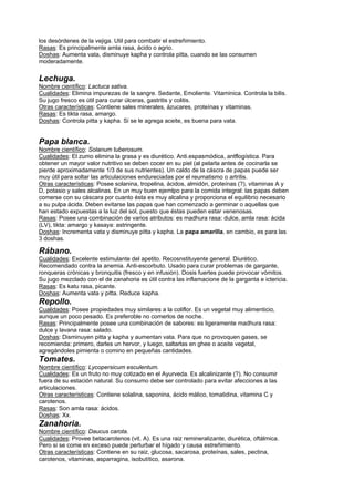 los desórdenes de la vejiga. Util para combatir el estreñimiento.
Rasas: Es principalmente amla rasa, ácido o agrio.
Doshas: Aumenta vata, disminuye kapha y controla pitta, cuando se las consumen
moderadamente.
Lechuga.
Nombre científico: Lactuca sativa.
Cualidades: Elimina impurezas de la sangre. Sedante, Emoliente. Vitaminica. Controla la bilis.
Su jugo fresco es útil para curar úlceras, gastritis y colitis.
Otras características: Contiene sales minerales, ázucares, proteínas y vitaminas.
Rasas: Es tikta rasa, amargo.
Doshas: Controla pitta y kapha. Si se le agrega aceite, es buena para vata.
Papa blanca.
Nombre científico: Solanum tuberosum.
Cualidades: El zumo elimina la grasa y es diurético. Anti.espasmódica, antflogística. Para
obtener un mayor valor nutritivo se deben cocer en su piel (al pelarla antes de cocinarla se
pierde aproximadamente 1/3 de sus nutrientes). Un caldo de la cáscra de papas puede ser
muy útil para soltar las articulaciones endureciadas por el reumatismo o artritis.
Otras características: Posee solanina, tropelina, ácidos, almidón, proteínas (?), vitaminas A y
D, potasio y sales alcalinas. En un muy buen ejemlpo para la comida integral: las papas deben
comerse con su cáscara por cuanto ésta es muy alcalina y proporciona el equilibrio necesario
a su pulpa ácida. Deben evitarse las papas que han comenzado a germinar o aquellas que
han estado expuestas a la luz del sol, puesto que éstas pueden estar venenosas.
Rasas: Posee una combinación de varios atributos: es madhura rasa: dulce, amla rasa: ácida
(LV), tikta: amargo y kasaya: astringente.
Doshas: Incrementa vata y disminuye pitta y kapha. La papa amarilla, en cambio, es para las
3 doshas.
Rábano.
Cualidades: Excelente estimulante del apetito. Recosnstituyente general. Diurético.
Recomendado contra la anemia. Anti-escorbuto. Usado para curar problemas de gargante,
ronqueras crónicas y bronquitis (fresco y en infusión). Dosis fuertes puede provocar vómitos.
Su jugo mezclado con el de zanahoria es útil contra las inflamacione de la garganta e ictericia.
Rasas: Es katu rasa, picante.
Doshas: Aumenta vata y pitta. Reduce kapha.
Repollo.
Cualidades: Posee propiedades muy similares a la coliflor. Es un vegetal muy alimenticio,
aunque un poco pesado. Es preferoble no comerlos de noche.
Rasas: Principalmente posee una combinación de sabores: es ligeramente madhura rasa:
dulce y lavana rasa: salado.
Doshas: Disminuyen pitta y kapha y aumentan vata. Para que no provoquen gases, se
recomienda: primero, darles un hervor, y luego, saltarlas en ghee o aceite vegetal,
agregándoles pimienta o comino en pequeñas cantidades.
Tomates.
Nombre científico: Lycopersicum esculentum.
Cualidades: Es un fruto no muy cotizado en el Ayurveda. Es alcalinizante (?). No consumir
fuera de su estación natural. Su consumo debe ser controlado para evitar afecciones a las
articulaciones.
Otras características: Contiene solalina, saponina, ácido málico, tomatidina, vitamina C y
carotenos.
Rasas: Son amla rasa: ácidos.
Doshas: Xx.
Zanahoria.
Nombre científico: Daucus carota.
Cualidades: Provee betacarotenos (vit. A). Es una raiz remineralizante, diurética, oftálmica.
Pero si se come en exceso puede perturbar el hígado y causa estreñimiento.
Otras características: Contiene en su raiz, glucosa, sacarosa, proteínas, sales, pectina,
carotenos, vitaminas, asparragina, isobutítico, asarona.
 